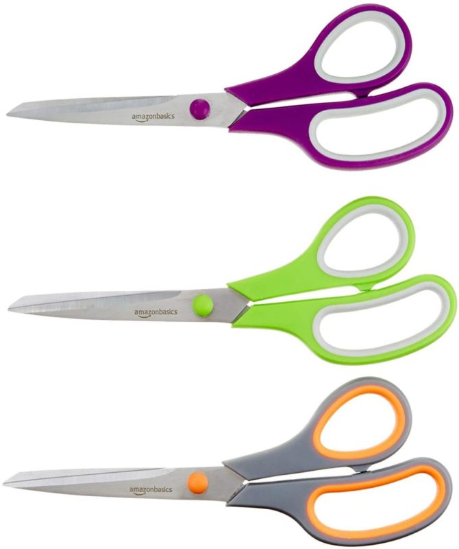 AmazonBasics Multipurpose, Comfort Grip, Titanium Fused, Stainless Steel Office Scissors - Pack of 3