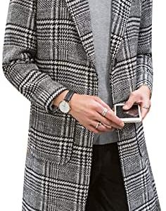 Uaneo Men's Casual Notch Lapel Single Breasted Plaid Mid Long Trench Pea Coat