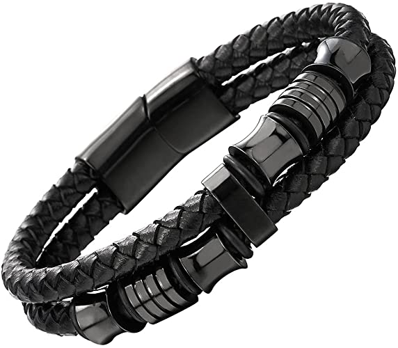 COOLSTEELANDBEYOND Mens Double-Row Black Braided Leather Bracelet