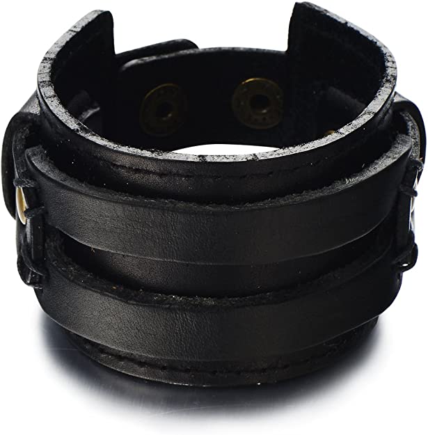 COOLSTEELANDBEYOND Metallic Genuine Leather Wristband