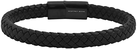 Geoffrey Beene Men's Braided Genuine Leather Bracelet with Stainless Steel Magnetic Closure