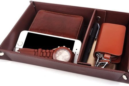 Valet Tray Jewelry Organizer, PU Leather Watch Box Coin Change Key Tray for Storage Coffee