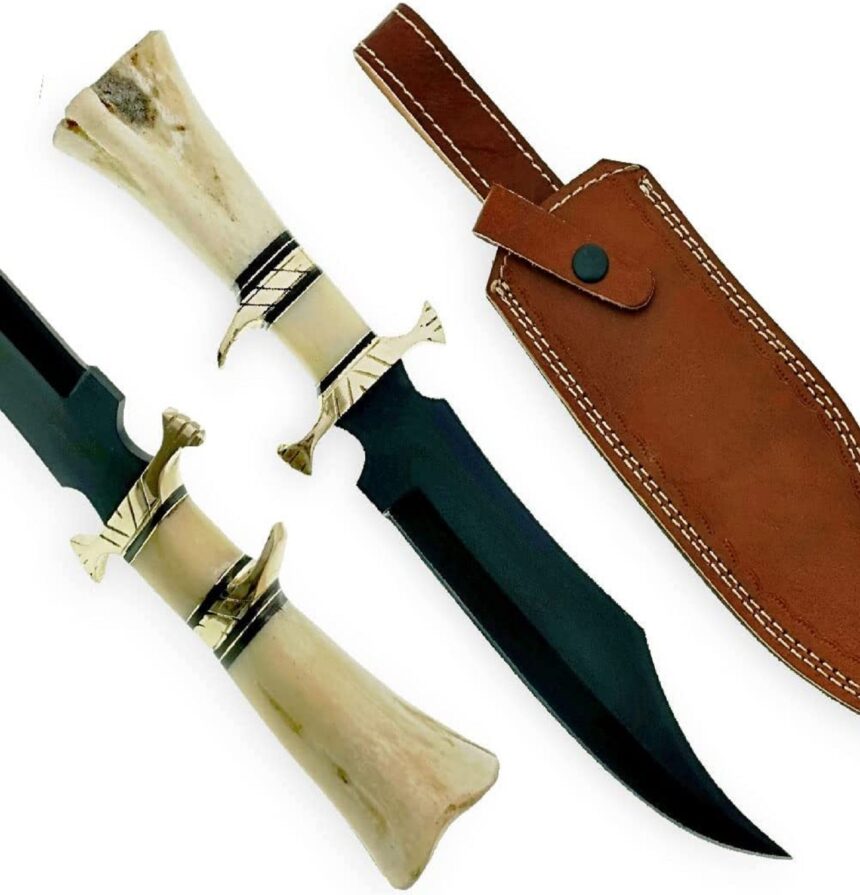 Handmade Steel D2 Fix Blade Hunting Bowie Knife Camel Bone Handle 4388